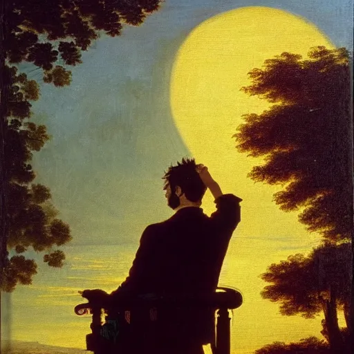 Prompt: oil painting of tony stark wiping his glasses, sitting in an armchair in a room with the setting sun, by caspar david friedrich and claude lorrain, golden hour