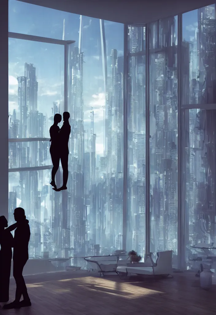 Prompt: silhouette of a couple in a futuristic appartment, window with a futuristic city, rossdraws, global illumination, radiant light, detailed and intricate environment