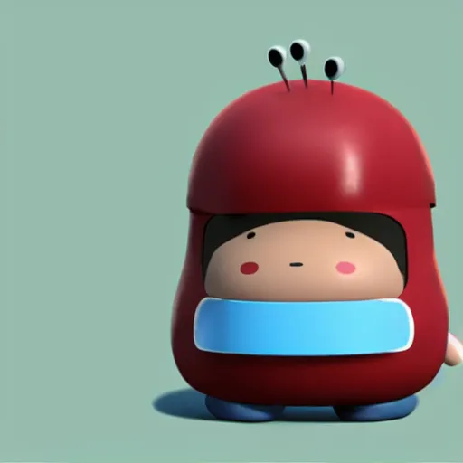 Image similar to red bean shaped character with a light blue visor no arms and stubby legs wearing a round red backpack in a simplistic style