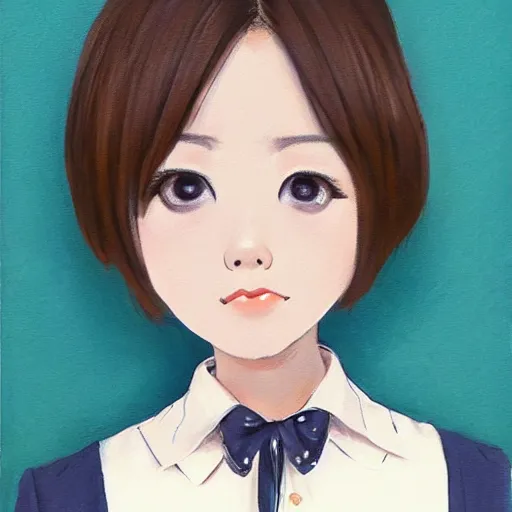 Image similar to a pretty young girl of 2 5, japanese, with big eyes, short shoulder - length hair and a suit ， paintingby sam yang and trnyteal