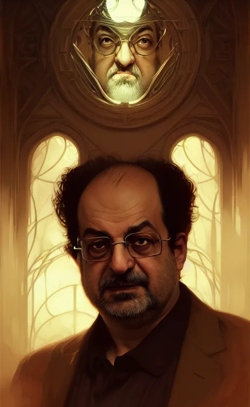 Image similar to portrait of salman rushdie, deep focus, d & d, fantasy, intricate, elegant, highly detailed, digital painting, artstation, concept art, matte, sharp focus, illustration, art by artgerm and greg rutkowski and alphonse mucha