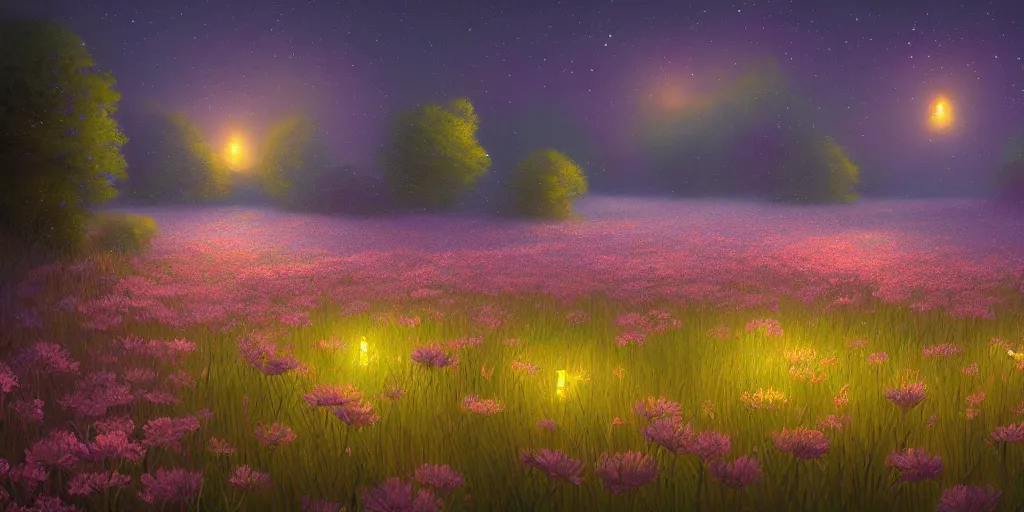 Prompt: fireflies in a vast ocean inspired by Evgeny Lushpin,flower meadow,spring,cinematic,trending on ArtStation