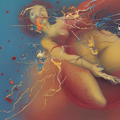 Image similar to a sphere being devoured by abstract splatters of paint in the style of francis bacon, venus being engulfed in flames in the style of james jean, surreal, beksinski, high detailed