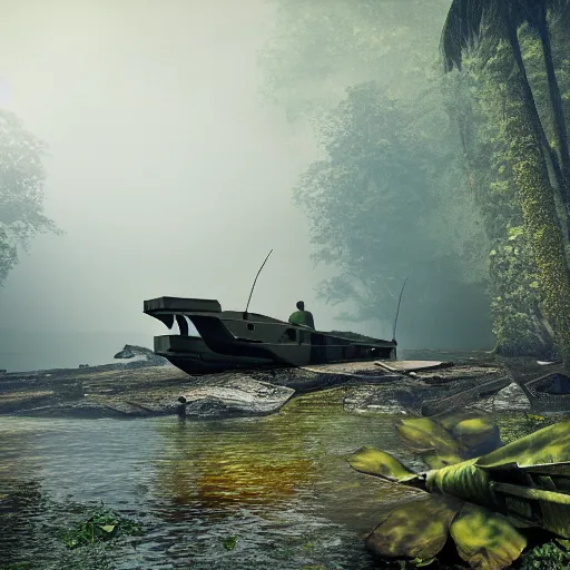 Image similar to jungle river army patrol boat tail of a crashed plane in the water, moody ambience, fog, smoke, dramatic, 4 k, trending on artstation