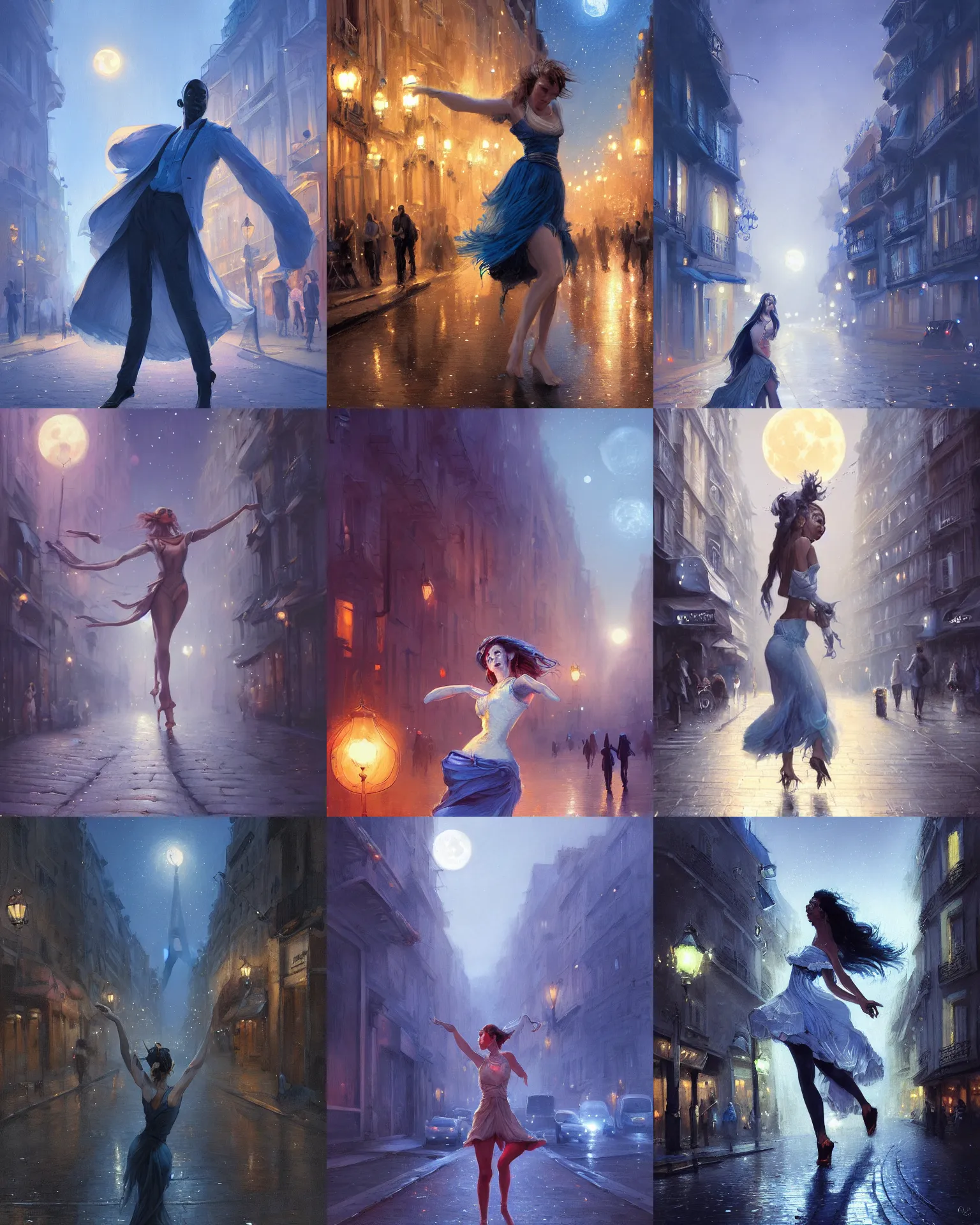 Prompt: portrait of a person passionately dancing in a street in paris at night, blue moonlight, giant moon, by Artgem and Mandy Jurgens and greg rutkowski, fantasy, intricate, elegant, digital painting, concept art, romantic, trending on artstation