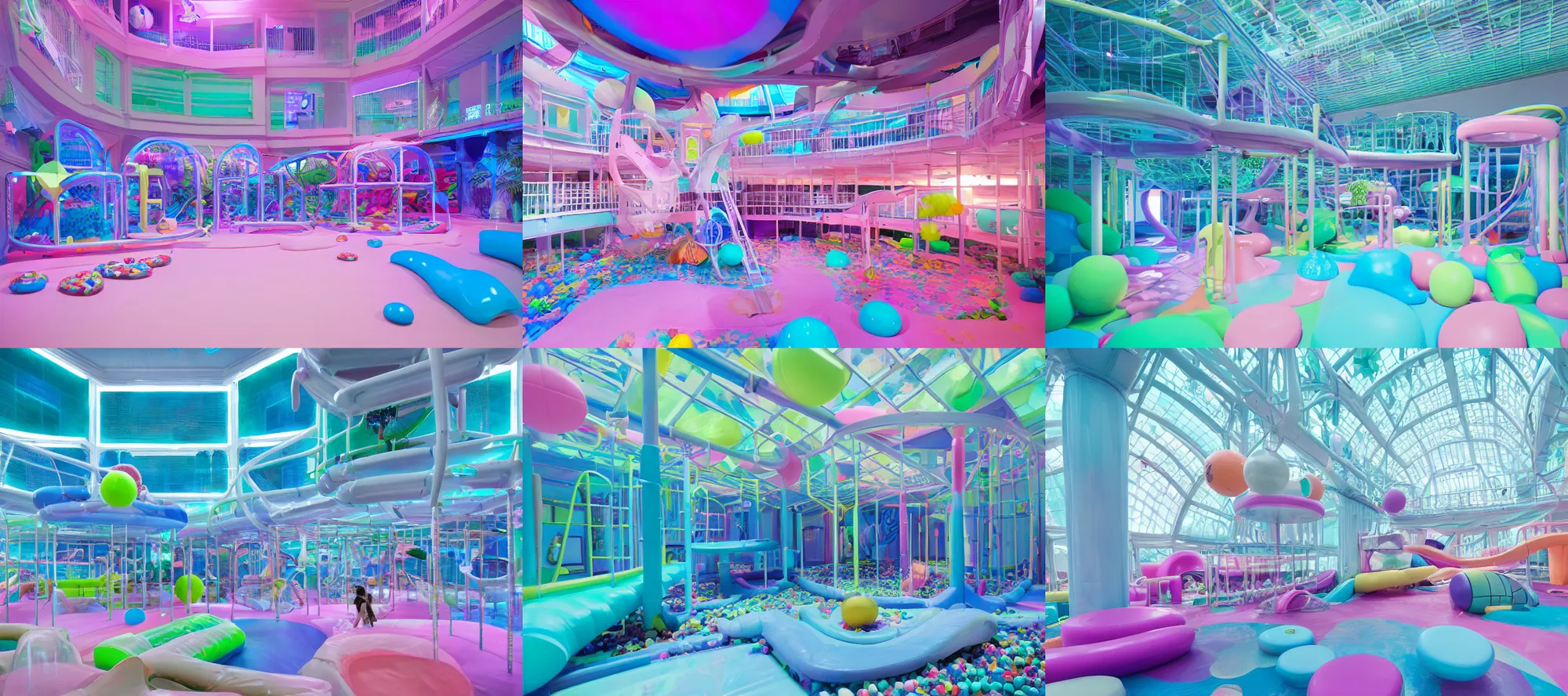 Prompt: seapunk indoor play space megastructure with slides tubes and a ball pit, Discovery zone, Softplay, cinematography by Wes Anderson, Wide angle shot, pastel colors, 4k octane render, Fuji film, intricate detail, photoreal, cinematic, sublime atmosphere, WLOP, liminal, hyper real