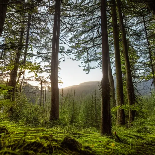 Prompt: a view from a tent looking out into a forest, 4k, high detail, high-resolution photograph, professional photography, ultra-detail