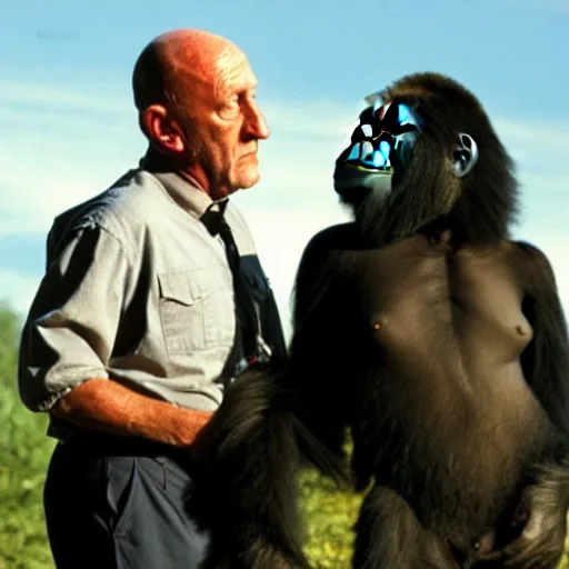 Prompt: A photo of Mike Ehrmantraut confronting a gorilla, cinematic lighting