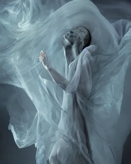 Image similar to mid shot render of an ethereal ghostlike figure fluid simulation in houdini dancing in dark smoke robes and silk veils by ilm, paolo roversi, nick knight, gill elvgren, beautiful futuristic simplified form distorted by turbulent movement, dark studio background, deep color, trending on artstation, hyperrealism, matte painting, dutch golden age, fine detail, cgsociety