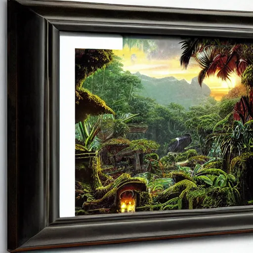 Prompt: a jungle temple surrounded by moss and tropical flowers, with a sunset, by alex horley