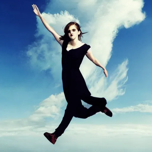 Image similar to Emma Watson flying in the clouds