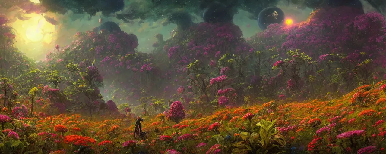 Image similar to ” outer planet overgrown with wild flowers, [ art by paul lehr, cinematic, detailed, epic, widescreen, opening, establishing, mattepainting, photorealistic, realistic textures, octane render ] ”