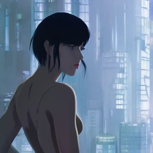 Prompt: ghost in the shell concept art, trending on artstation, by frank frazetta and thomas kinkade and ilya kuvshinov and hayao miyazaki, 4 k wallpaper, advanced lighting technology, beautiful masterpiece