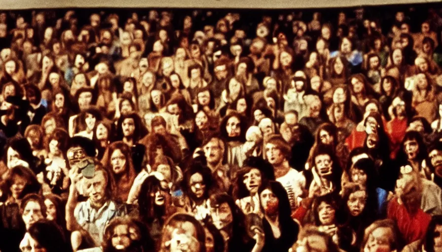 Image similar to 7 0 s film still from a horror movie of the price is right audience filled with zombies, kodachrome, cinecolor, cinestill, photorealism, cinematic, film grain, film texture, vhs recording