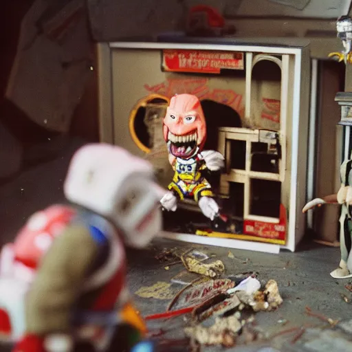 Prompt: joe biden, master splinter holding a megazord battling krang inside abandoned dollhouse, 35mm film