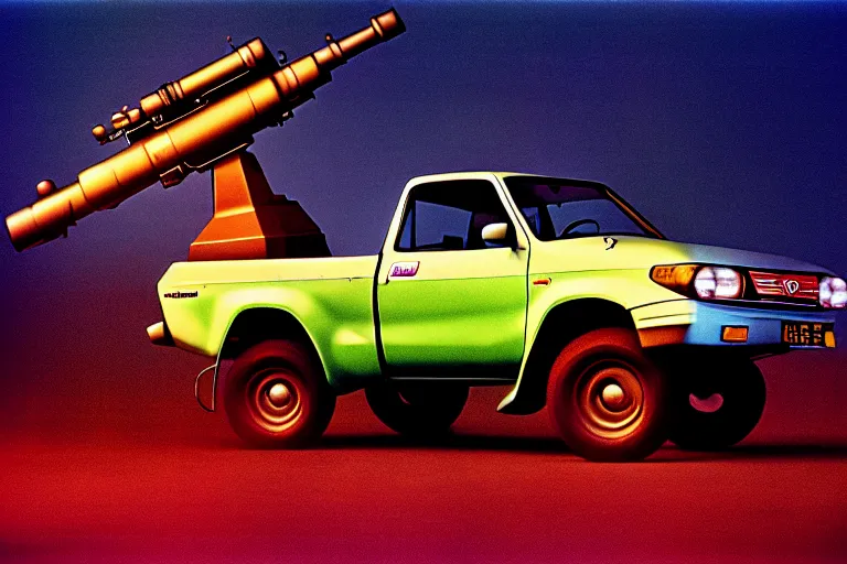 Image similar to stylized poster of a toyota hilux with an anti - aircraft gun in the back concept, thick neon lights, ektachrome photograph, volumetric lighting, f 8 aperture, cinematic eastman 5 3 8 4 film