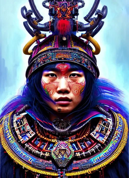 Image similar to portrait of yang yang, hyper detailed ultra sharp aztec shaman warrior. trending on artstation, warpaint aesthetic, bloodwave, colorful, psychedelic, ornate, intricate, digital painting, concept art, smooth, sharp focus, illustration, art by artgerm and greg rutkowski and h. r. giger, 8 k