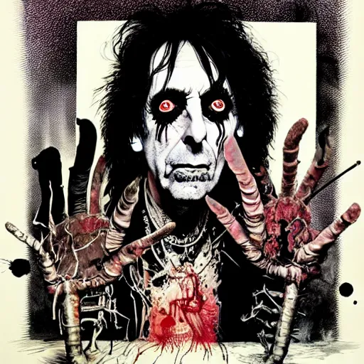 Image similar to graphic illustration, creative design, alice cooper, biopunk, by ralph steadman, francis bacon, hunter s thompson, highly detailed