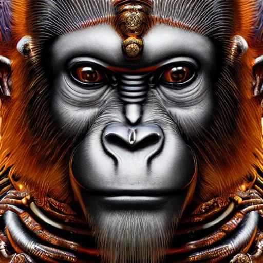 Image similar to biomechanical Hanuman , hyper-realistic portrait, intricate details, supersharp, hypermaximalist, dramatic lighting, hajime sorayama, Indian monkey god, photorealistic hanuman