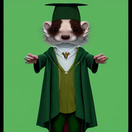 Image similar to a anthropomorphic ferret is dressed as a hogwarts student in slytherin robes, hyperdetailed, artstation, cgsociety, 8 k