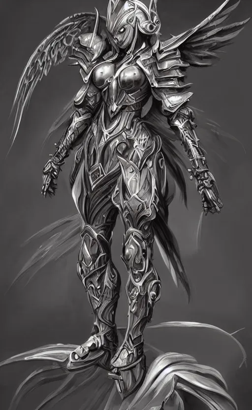 Prompt: Fantasy Concept character art of a angel female in biomechanical knight armor. By artstation trending. Highly detailed