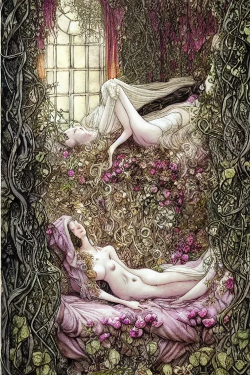 Image similar to detailed sleeping beauty in a rococo bedroom overgrown by vines and flowers, fantasy art, trending on artstation, fairytale, art by luis royo and walter crane and kay nielsen, watercolor illustration,