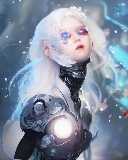 Image similar to cyborg girl with white hair and black skirt, flower decorations, dreamy, beautiful illustration, scifi, radiant, atmosphere, harmony, top lighting, blue eyes, focused, perfect composition, artstation, highly detailed, art by yuhong ding and chengwei pan and serafleur and ina wong