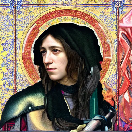 Image similar to portrait of charlotte gainsbourg as joan of arc, hyperreal digital painting, iconography influenced by alphonse mucha and eugene delacroix, arstation and deviantart trends, high resolution 8 k