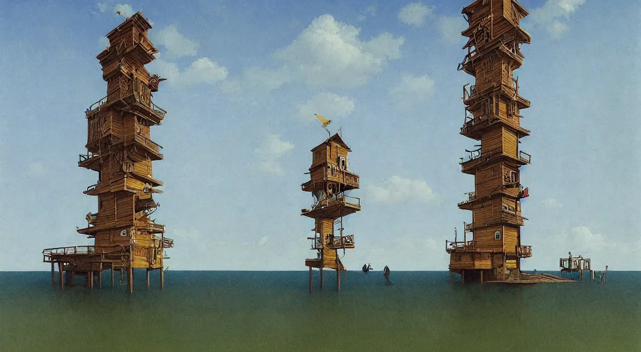 Image similar to single flooded simple wooden tower, very coherent and colorful high contrast!! masterpiece by rene magritte simon stalenhag carl spitzweg syd mead norman rockwell edward hopper james gilleard, minimalist, dark shadows, sunny day, hard lighting