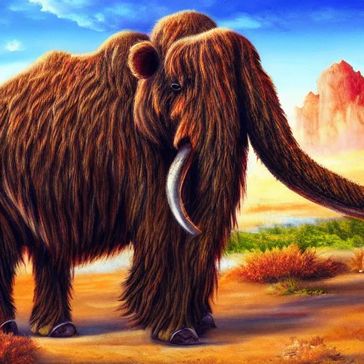 Prompt: colorful cute baby wooly mammoth full body on prehistoric landscape detailed oil painting 4k