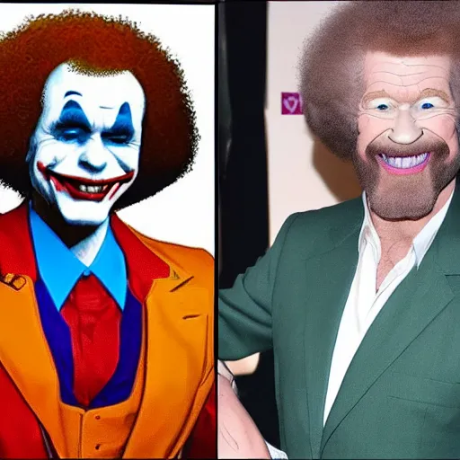 Prompt: bob Ross as the joker smiling while winking as he is getting done from Harley Quinn