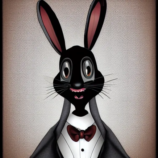 Image similar to A extremely highly detailed majestic hi-res beautiful, highly detailed head and shoulders portrait of a scary terrifying, horrifying, creepy black cartoon rabbit with a bowtie and scary big eyes, earing a shirt laughing, hey buddy, let's be friends, in the style of Walt Disney