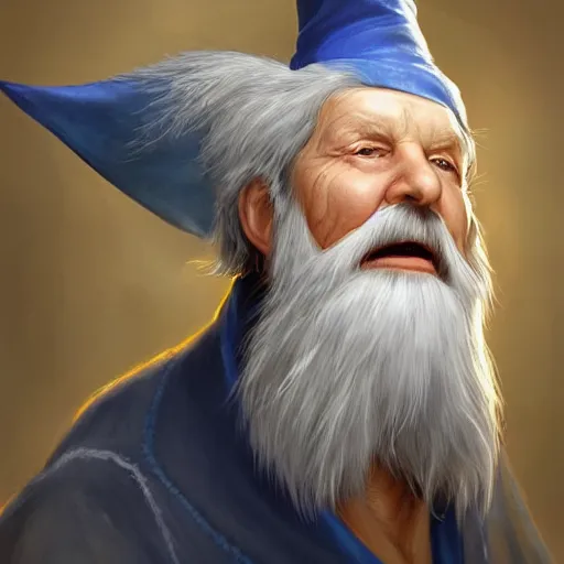 Prompt: a kind old wizard with a long white beard looking a confused, holding a pet chicken perched top of his hat, wearing a blue robe, grey eyes, realistic, detailed, trending on ArtStation, by Tony Sart