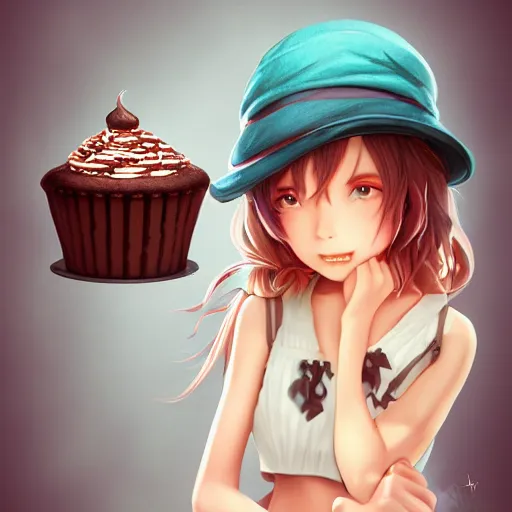 Image similar to personification of chocolate cupcake, cute hats, unreal engine, highly detailed, digital illustration by artgerm, tooth wu, studio ghibli, deviantart, sharp focus, artstation, bakery by greg rutkowsky, sweetes