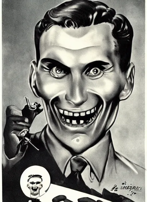 Prompt: creepy Jerma985 with a scary comically large smile, 1940s scare tactic propaganda art