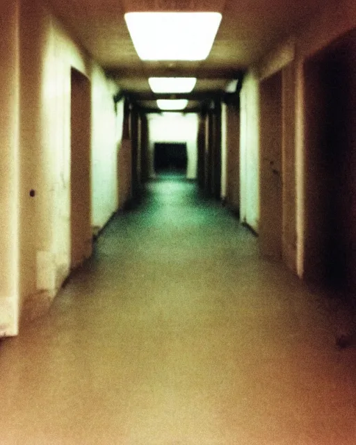 Image similar to an amateur disposable camera picture of a ghost in a hallway