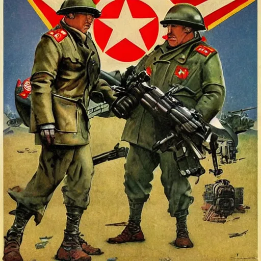 Image similar to Soviet mechs in the style of Norman Rockwell, world war 2, WWII, propaganda poster, sci-fi illustrations, highly detailed, award-winning, patriotic, soviet, ussr, dark, gritty, ink