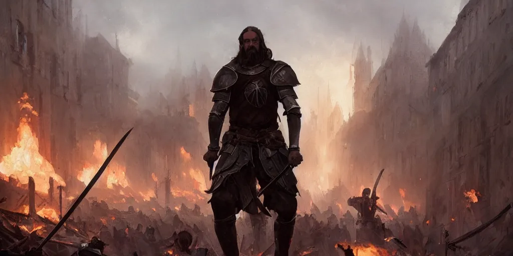 Image similar to a painting of a cinematic keyframe of a medieval knight warrior with his sword walking into a destroyed medieval town, with fire by greg rutkowski, rule of thirds, golden ratio, ambient lighting, wlop, artgerm, artstation, highly detailed masterpiece, dark fantasy art, high detail, trending on artstation