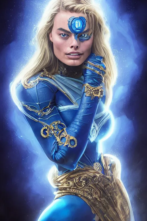 Image similar to majestic and regal portrait of margot robbie female blue lantern, dc universe, perfect face, beautiful, intricate, epic, elegant, fantasy, highly detailed, digital painting, hard focus, beautiful volumetric lighting, epic light, ultra detailed, by leesha hannigan, ross tran, thierry doizon, kai carpenter, ignacio fernandez rios