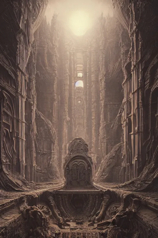 Image similar to sci - fi concrete alien eldritch demonic baroque rococo gothic architecture in hell, babylonian, ziggurat, zaha hadid, beksinski, wayne barlowe, oil painting, photoreal, highly detailed, 8 k, hd, vray, artstation, cinematic matte painting, extreme detail photo quality, sunset, featured on behance