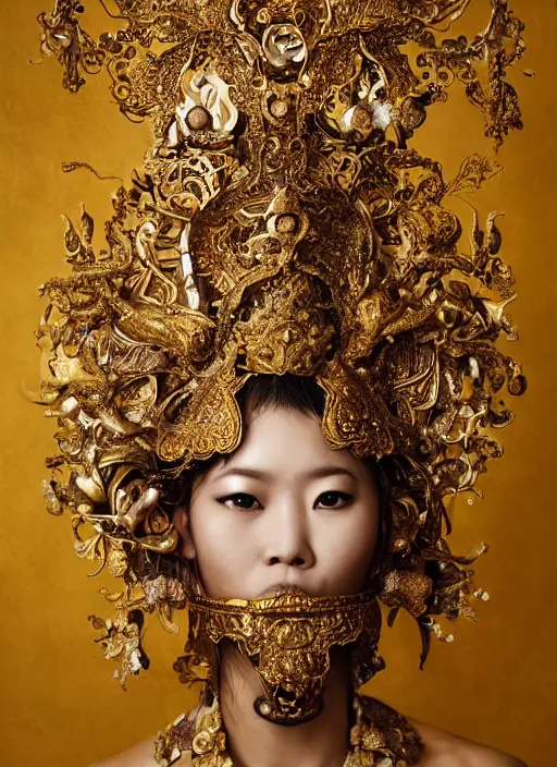 Image similar to a portrait of asian female by stefan geselle and nekro borja, photorealistic, intricate details, hyper realistic, fantasy, elegant, baroque gold headpiece, photorealistic, canon r 3, photography, wide shot, symmetrical features, symmetrical pose, wide angle shot, head to toe, standing pose, feet on the ground, wearable art