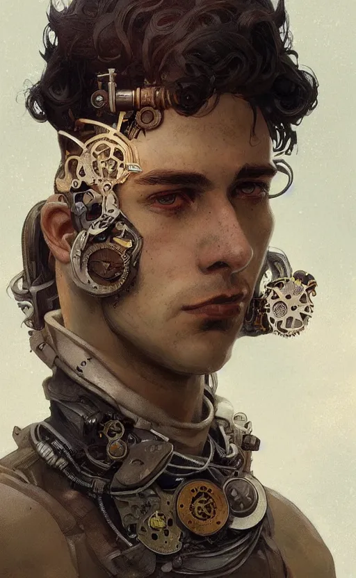 Image similar to Portrait of a steampunk young man, science fiction, highly detailed, digital painting, artstation, concept art, illustration, art by Greg Rutkowski and alphonse mucha