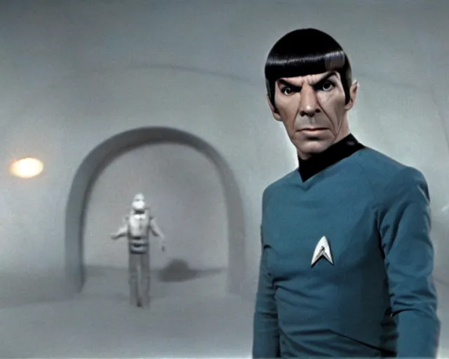Image similar to film still from star trek, spock on an alien planet, 1 9 6 8