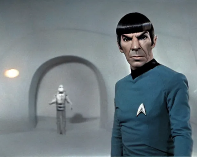 Prompt: film still from star trek, spock on an alien planet, 1 9 6 8