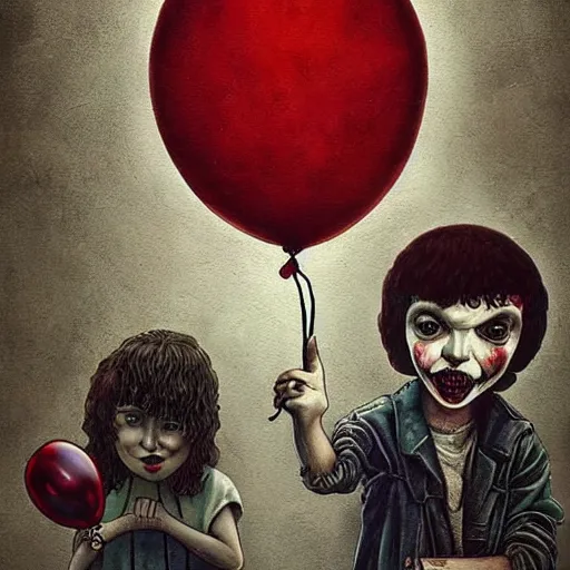 Image similar to grunge painting of stranger things with a wide smile and a red balloon by chris leib, loony toons style, pennywise style, corpse bride style, horror theme, detailed, elegant, intricate