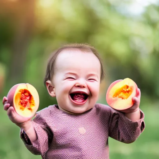 Image similar to photo of an insane baby laughing and eating a peach, bokeh focus