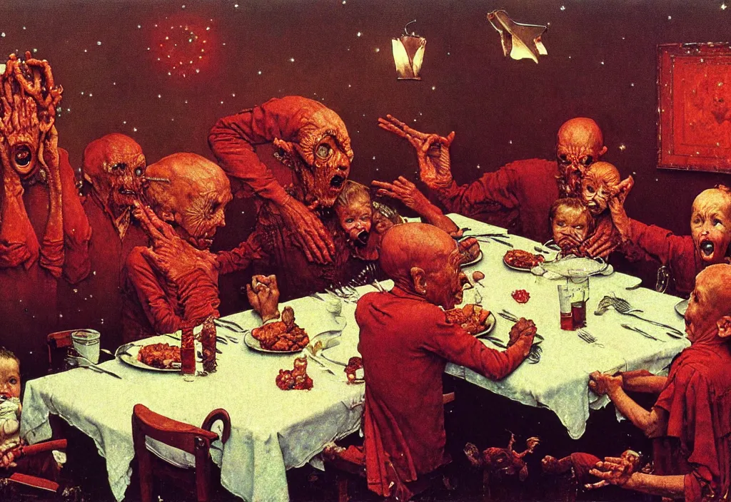 Prompt: A Norman Rockwell painting of a family losing their grip on reality during a Christmas dinner, by Zdzisław Beksiński, horror, cosmic horror, cinematic, 8k