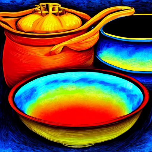 Image similar to boiling imagination in a bowl, ultra detailed, digital painting, dark blue, yellow, orange, red