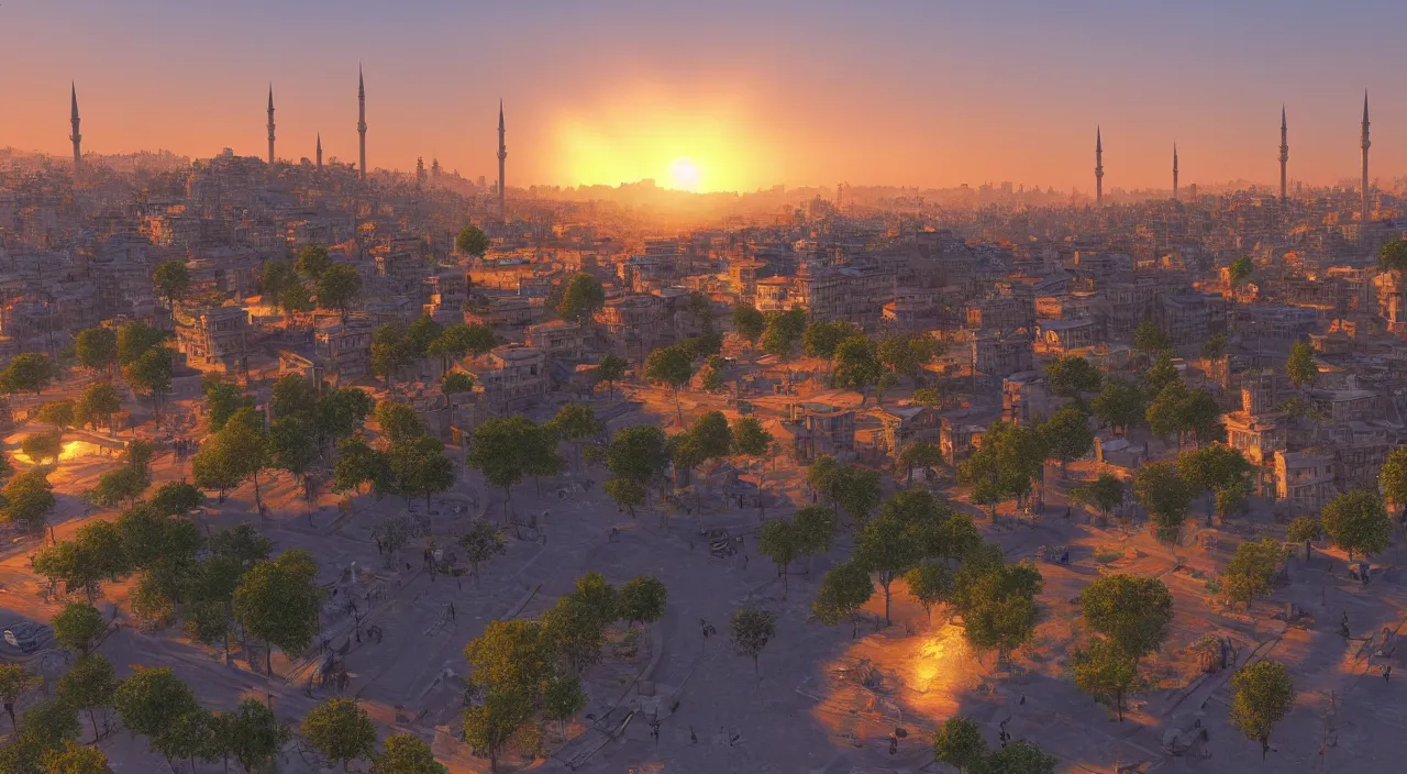 Image similar to highly detailed landscape of istanbul at sunset, unreal engine, global illumination, god rays, detailed and intricate environment