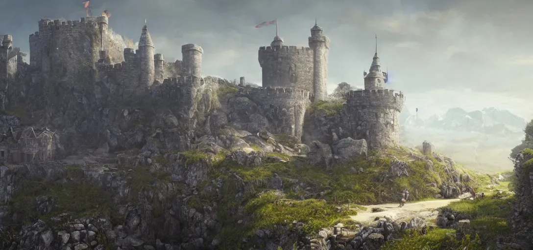 Image similar to beautiful render of kingdom of larion in spring, unreal engine, fantasy style, epic landscape, guard tower, castle, drone shot, soft light, by greg rutkowski, cgsociety